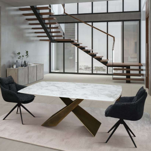 Tavolo Allungabile Bianco Arabesco - Ceramica Opaca e Base Bronzo 160-240 cm (Cod. 2075)